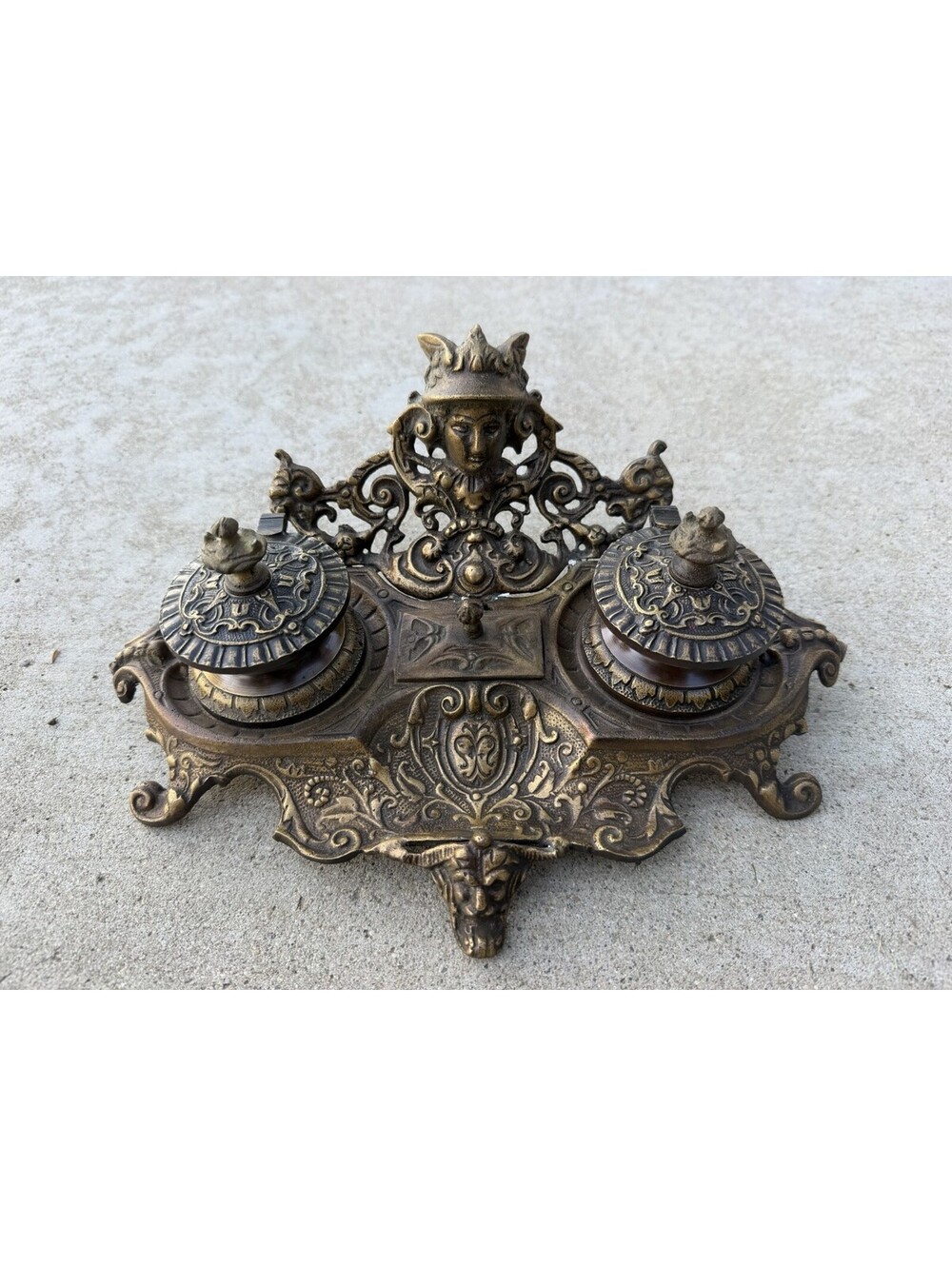 Vintage Ornate Brass Double Inkwell Stand India Writing Desk Pen Accessory